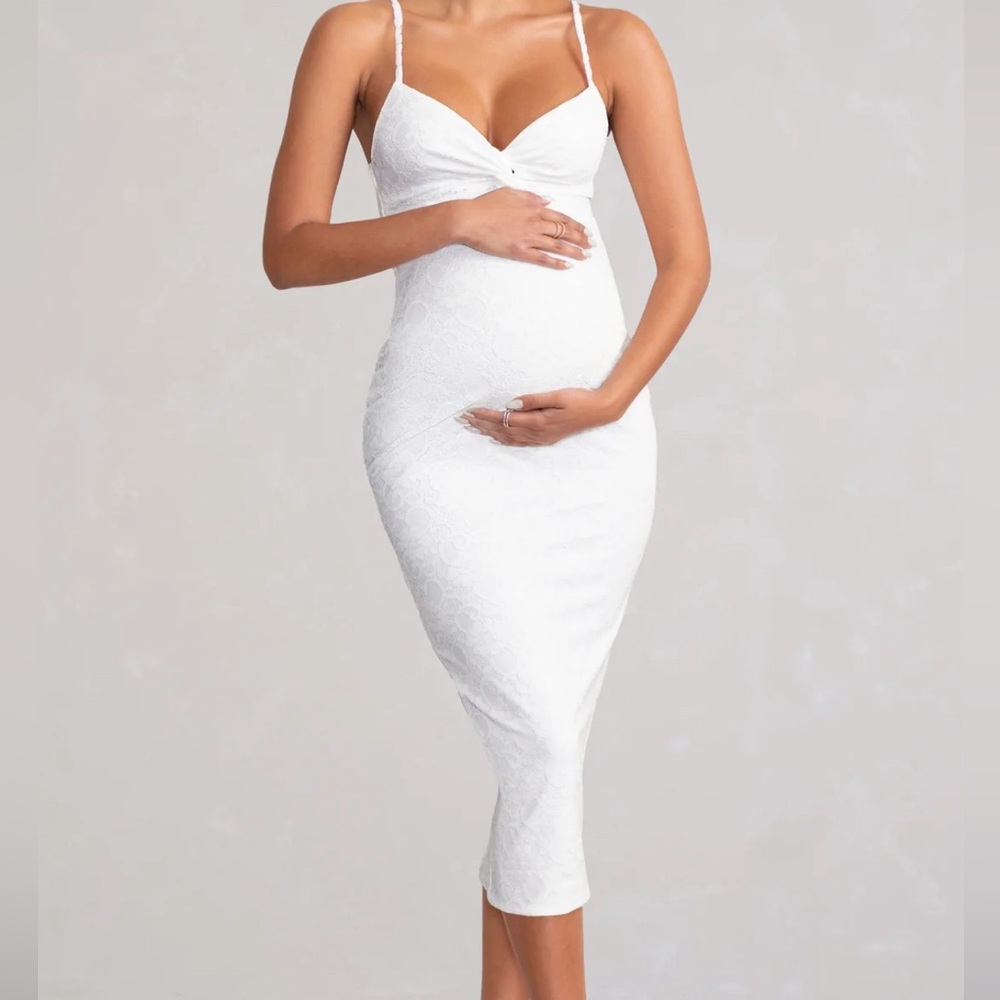 WHITE MATERNITY CAMI MIDI DRESS WITH TWIST PLUNGE